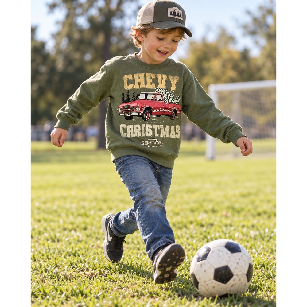 GM Chevy Christmas Sweatshirt Graphic Truck Kids Top L 10-12 Green Fun School